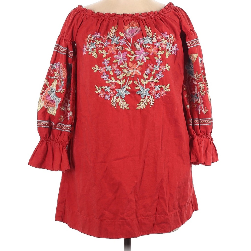Free People Embroidered Off Shoulder Puff Sleeves Boho Peasant mini dress XS - Picture 2 of 3